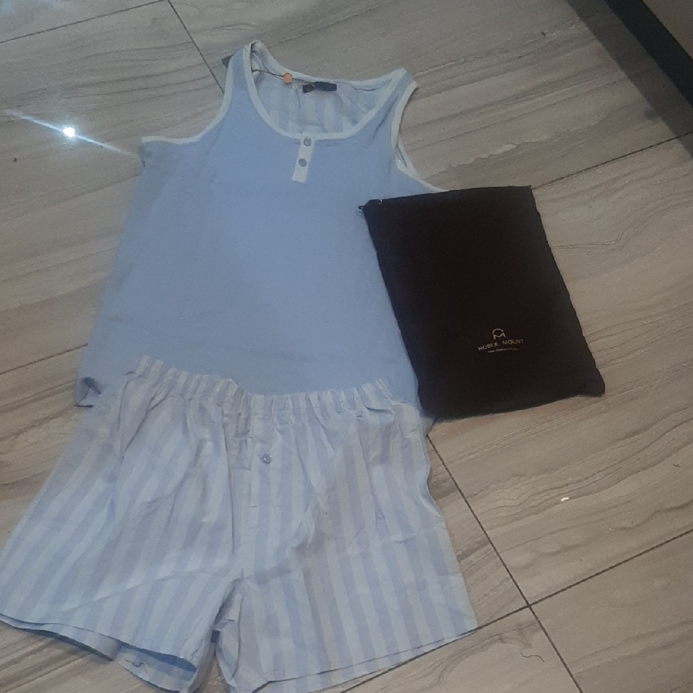 Light Blue Striped Pajama Set with Brown  Pouch